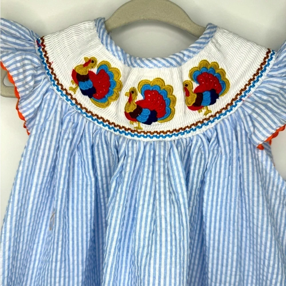 Lil Cactus Girls Thanksgiving Turkey Smocked Light Blue Pinstripe Dress Size 2T